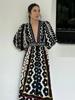 Printed Deep V-neck Puff Full Sleeve Vintage Female Long Dresses High Waist A Line Lady Robe