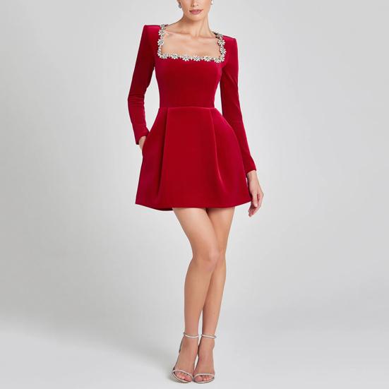 Женское мини-платье с квадратным воротником, длинным рукавом, декором из бисера и цветов, короткое платье с высокой талией и длиной выше колена