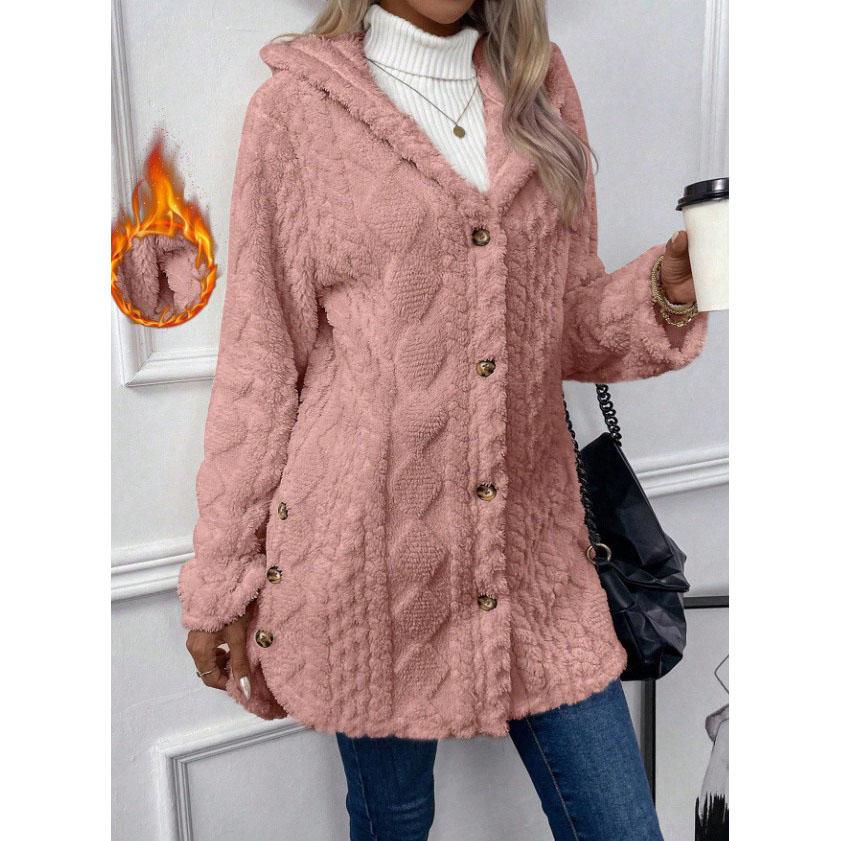Women Cardigan Hoodie Jacket Autumn Winter Argyle Textured Pattern Hooded Irregular Hem Buttons Fleece Oversized Outerwear Coat