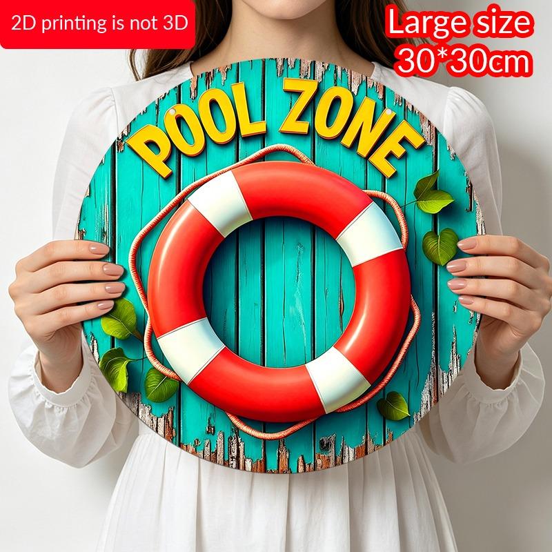 2D Flat Aluminum Decorative Signs and Plaques for Pool Areas, Available in Various Sizes. Vintage Life Rings and Distressed Wood Paneling Wall