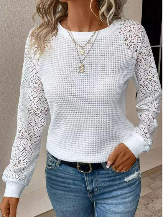 Европейская и американская женская повседневная футболка 2025 года, однотонная, с кружевом, длинным рукавом, вырезами, круглым вырезом