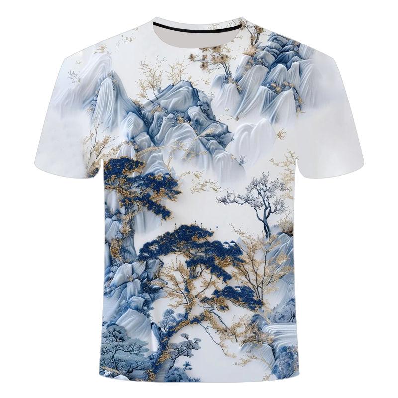 Летняя новая китайская фэн-шуй чернила рисунок узор 3D цифровая печать футболка в западном стиле модная мужская рубашка с круглым вырезом и короткими рукавами