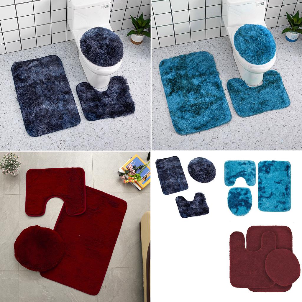 3pc Bathroom Set Rug Mat Toilet Lid Cover Plain Solid Color Bathmats