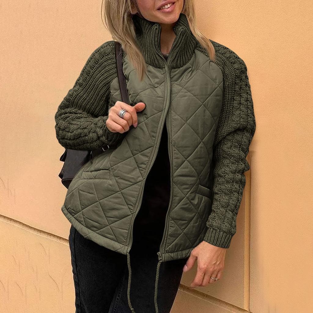 Womens Solid Color Knitted Patchwork Quilted Jacket Casual Lightweight Stand Collar Long Sleeve Zip Jackets Padded Outerwear Coats