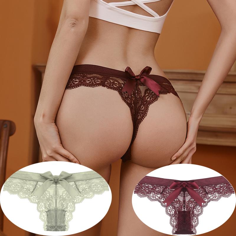 2 шт. женские сексуальные кружевные стринги с бантом и низкой талией, вышитые трусики, эластичное хлопковое нижнее белье