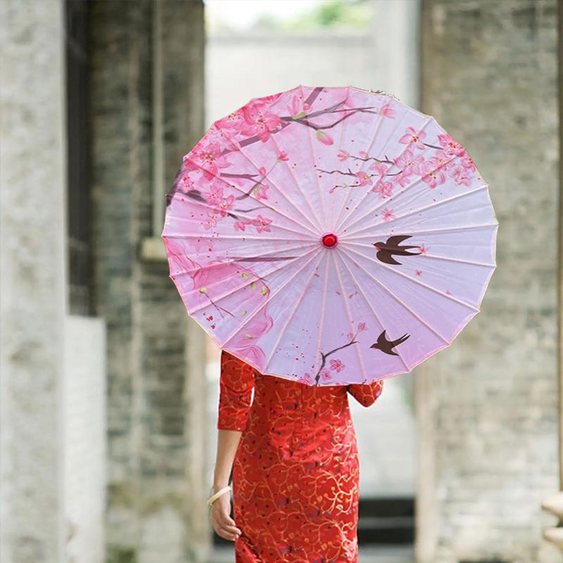1PC Printed Photograph Props Long-handle Vintage Silk Umbrella for Hanfu Accessories Umbrella Parasol Colorful Oiled Paper