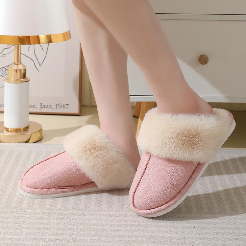 2024 Winter Warm Home Fur Slippers Women Luxury Faux Suede Plush Couple Cotton Shoes Indoor Bedroom Flat Heels Fluffy Slippers