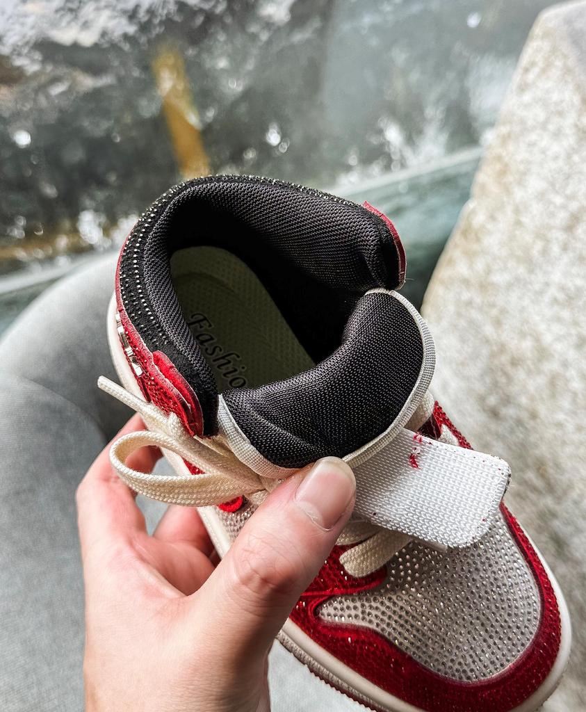 2026 Spring Children's Fashion High-Top Red Rhinestone Sneakers