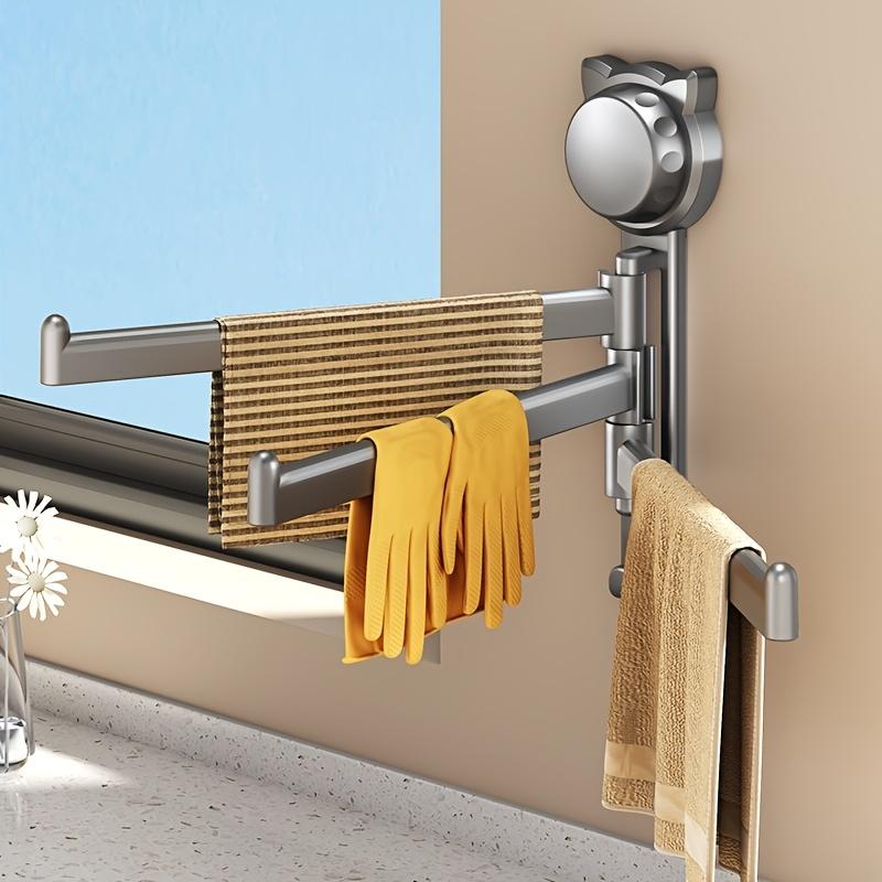 1pc Rotatable Suction‑Cup Towel Rack, Multi‑Rod Draining Holder with 3 Hooks, Kitchen Window Sill Organizer