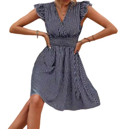 Женское платье с летающими рукавами, V-образным вырезом, полосатым принтом, эластичной высокой талией, трапециевидной формы с большим подолом и рюшами