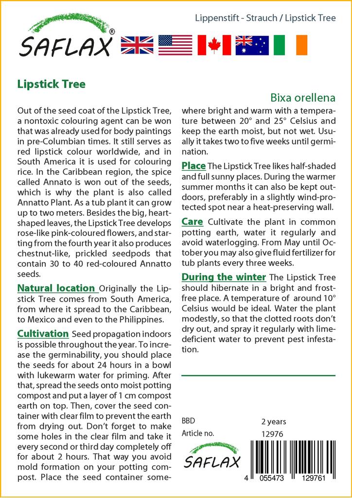 SAFLAX Подарочный набор - Дерево для губной помады - 20 семян - С подарочной коробкой, карточкой, этикеткой и субстратом для цветов - Bixa orellena