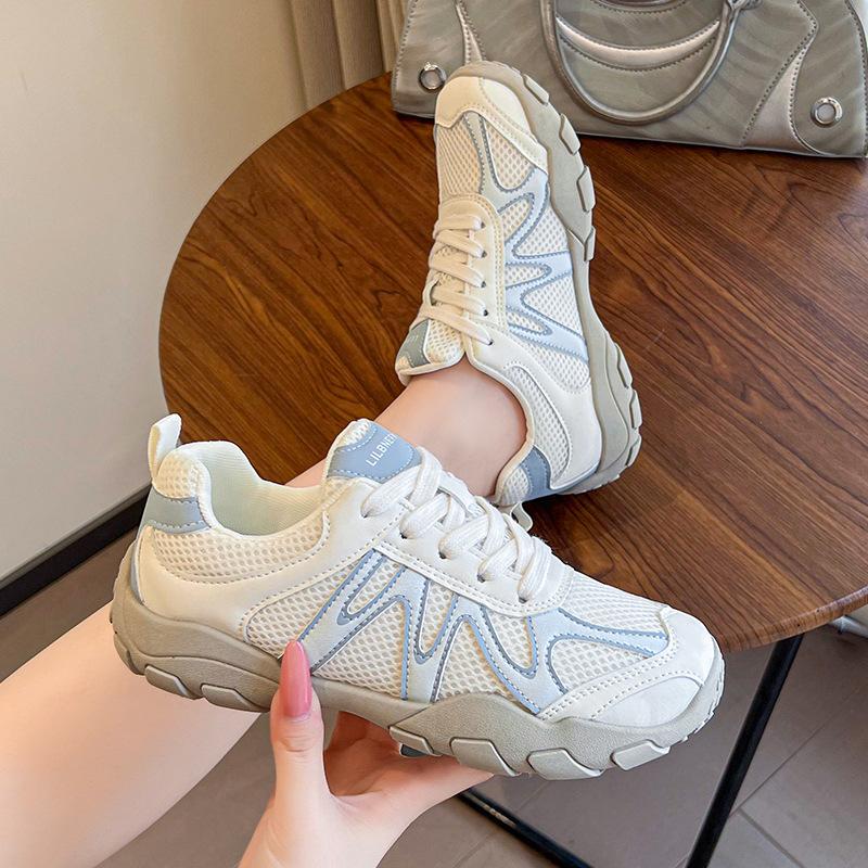 Сетчатые дышащие кроссовки на толстой подошве, женские, 2025 осень, новые, из искусственной кожи, в сочетании цветов, маленькие спортивные и повседневные туфли