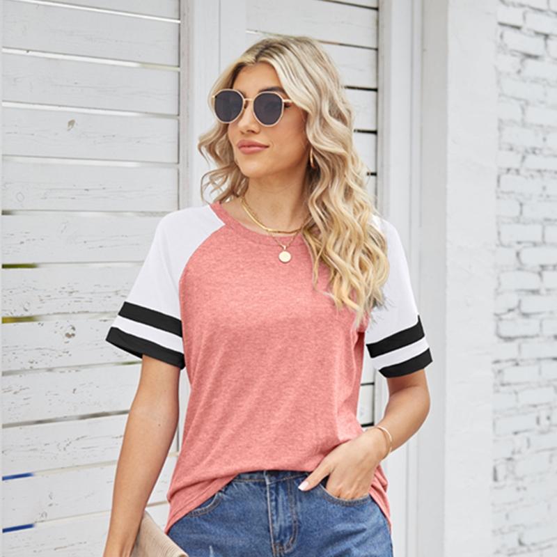 Женская весенне-летняя свободная полосатая футболка с круглым вырезом и короткими рукавами