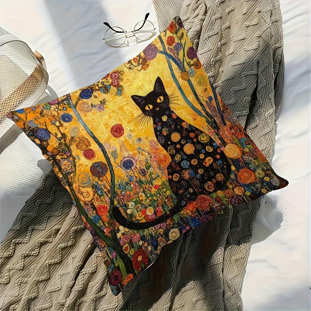 Klimt Style Black Cat Pillow Cover Floral Art Print Cushion Case Boho Vintage Home Decor Gift
