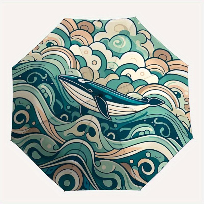 1pc Whale Waves Automatic Open/Close Umbrella, Portable Folding Umbrella for Travel,suitable as a gift for various festivals