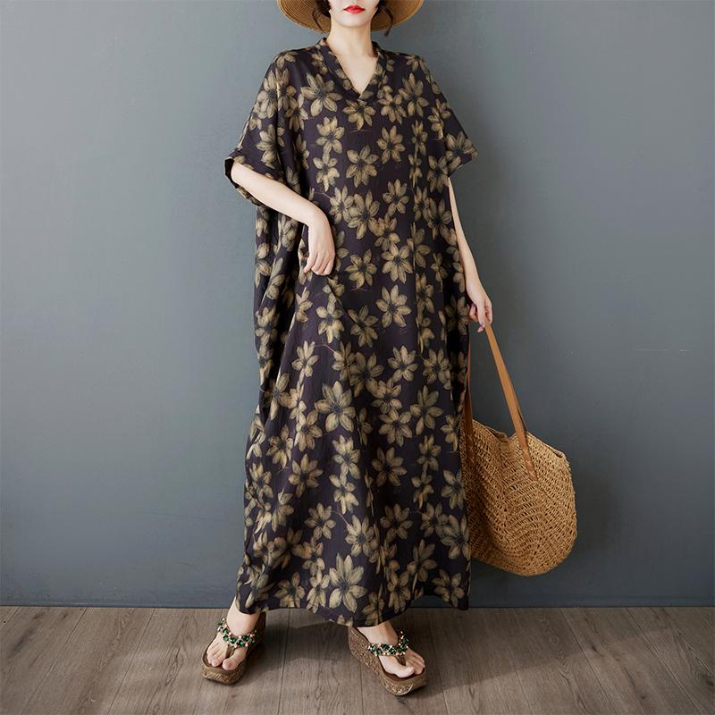 DIMANAF 2025 Летнее Женское Платье Большого Размера Свободного Кроя Новое Базовое Цветочное Винтажное Принтованное Длинное Платье Повседневное Платье Макси