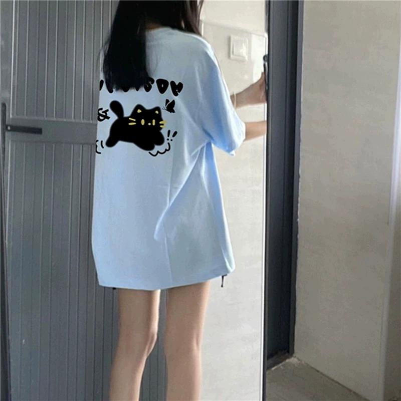 Футболки из чистого хлопка, женские, летние, с милым мультяшным принтом, в стиле хип-хоп, повседневные, в стиле Харадзюку, большие, с коротким рукавом, синие, для девочек 2010 года