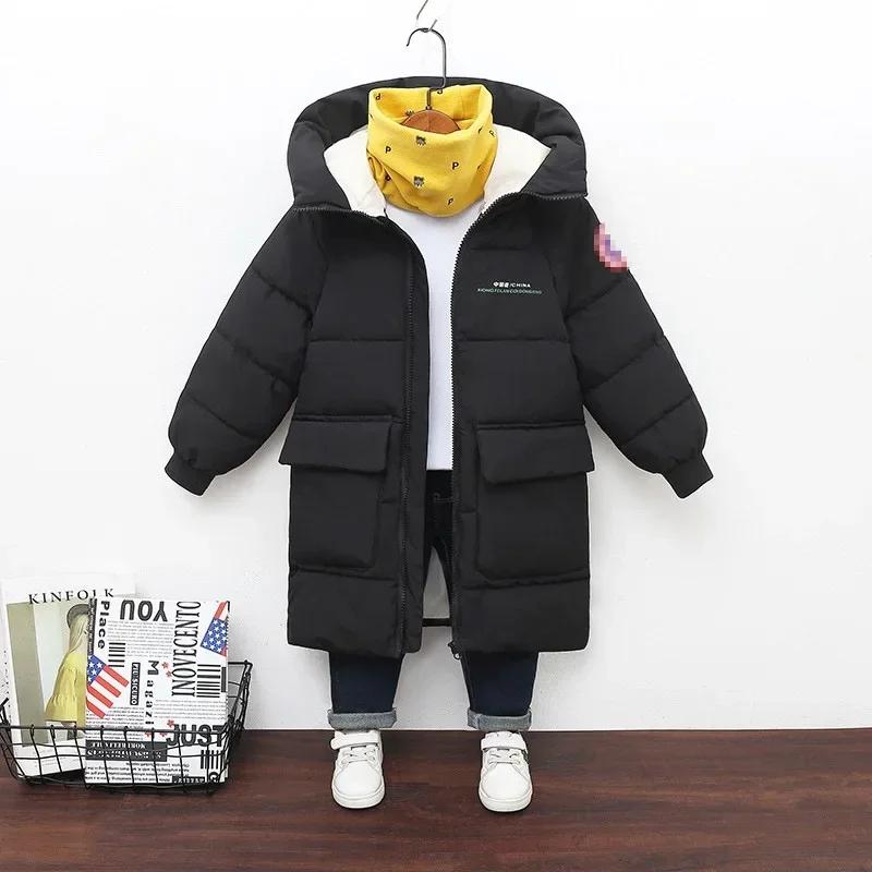 New Winter Boys Jacket Solid Color Mid-Length Keep Warm Cold Protection Hooded Down Cotton Windbreaker Coats For