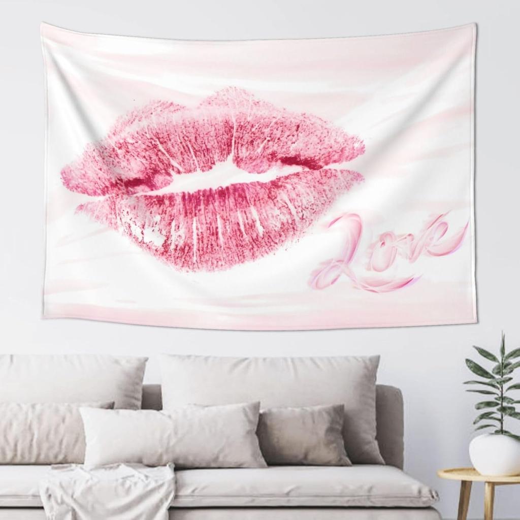 Smacget Pink Lips Tapestry for Teen Girl Women Bedroom Small Sexy Kissing Lover Lipstick Marks Tapestry Coquette Valentine Red Lips Decor Aesthetic