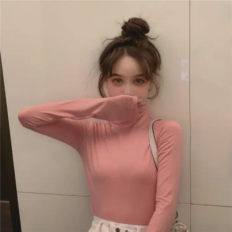Women's Slim Fit High Collar Long Sleeve T-Shirt - Korean Style, Perfect for Autumn and Winter