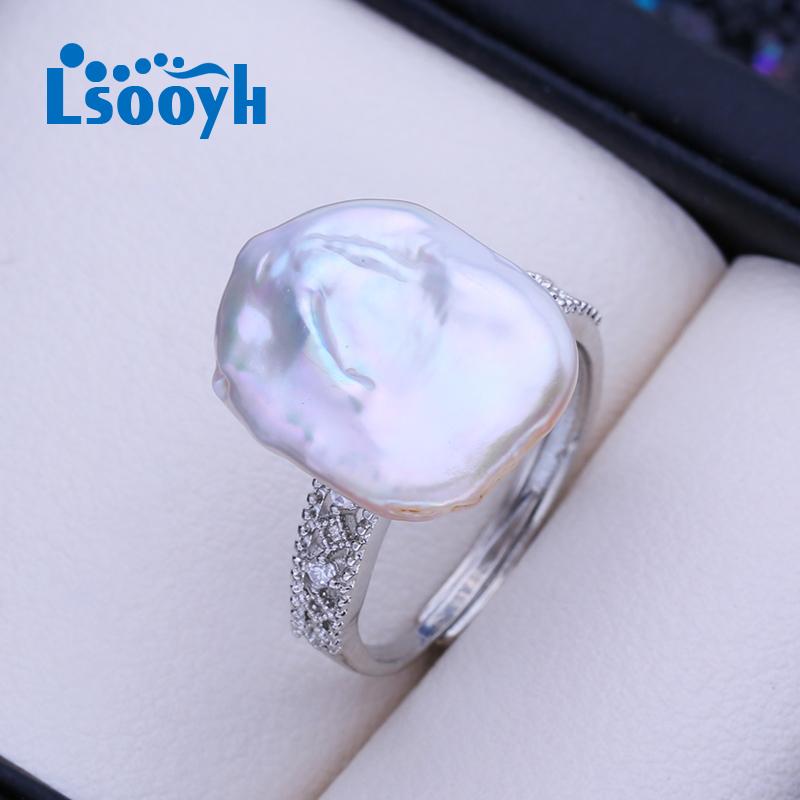 LSOOYH Кольца из натурального пресноводного жемчуга с большим барочным жемчугом для женщин, классическое серебряное кольцо для вечеринки, ювелирные изделия с жемчугом