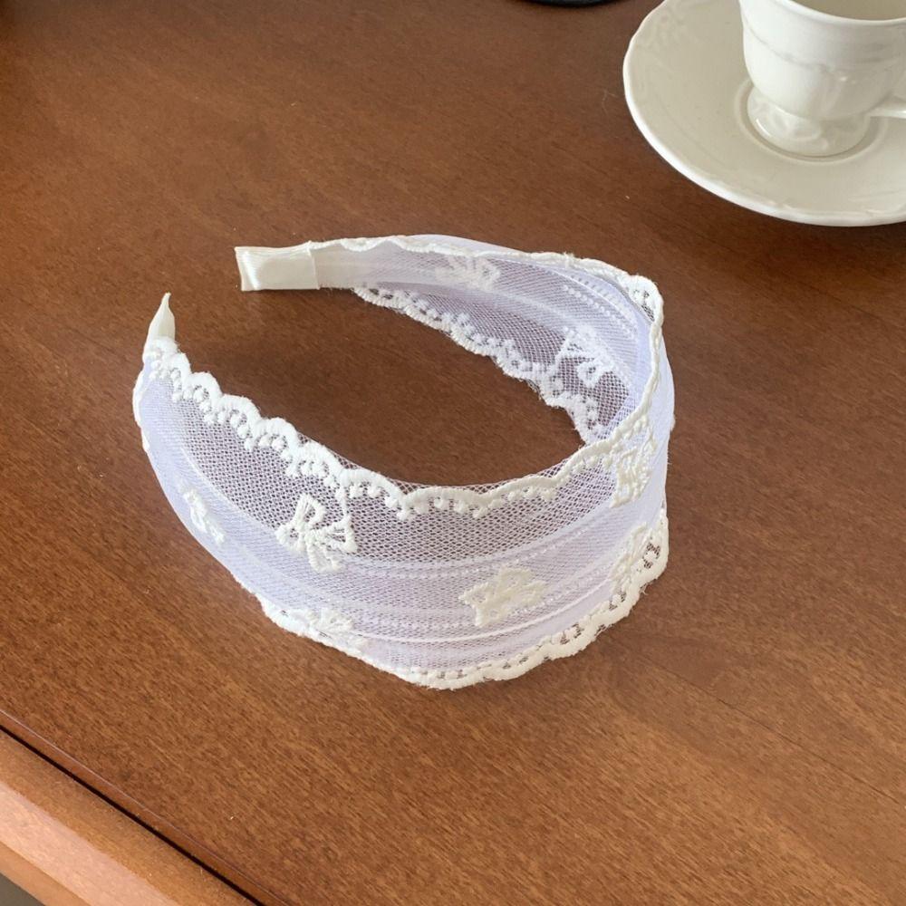 Bowknot Embroidery Lace Headband Wide Edges Mesh Hair Hoop All-match Bow Hair Band Girls