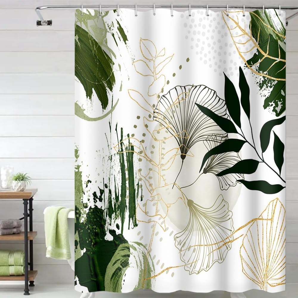Ginkgo Leaves Shower Curtain Green Sage Leaf Gold Plant Watercolor Abstract Bath Curtain Waterproof Fabric Modern Aesthetic