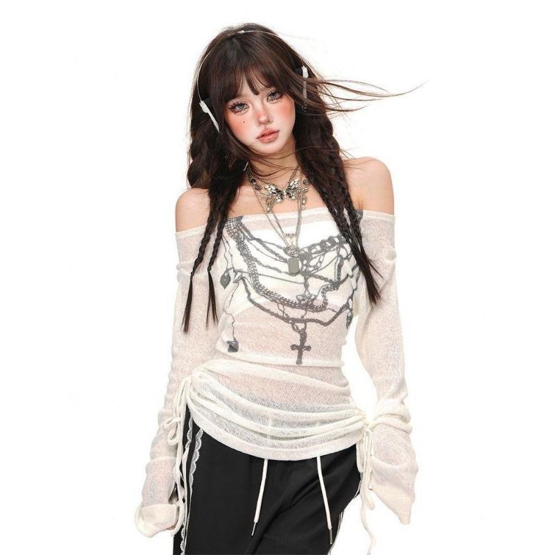 2KWEIRD Японские вязаные топы Y2k Гранж принт тату Футболка с длинным рукавом В рубчик Винтаж Харадзюку Трикотаж с присборками 2000-е Готика