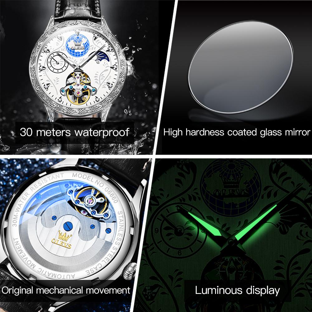 Мужские механические часы Tourbillon Hollow с автоматическим механизмом, водонепроницаемые, с люминесцентным циферблатом с фазами Луны, модные мужские деловые механические наручные часы