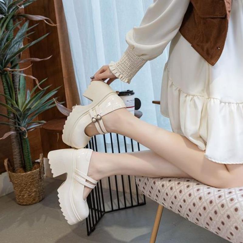 Модные 10 см Лакированная кожа Дышащие Массивные каблуки Мэри Джейн Пряжка Платформа Осенние Туфли Летние Ботильоны Модная Весенняя Обувь