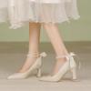 Fashion New High Heels Wedding Bride Shoe Block Heel Ladies Footwear Pearl Women's Shoes Beige Pointed Toe Chic and Elegant Luxury Brand