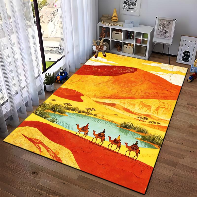 Desert Landscape Carpet with Camels, Vibrant Colors, Unique Design Suitable for use as an anti-slip for living room bedroom sofas