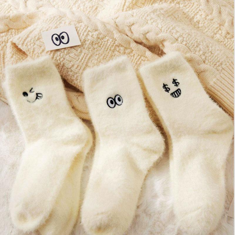 Women Funny Socks White Winter Warm Socks Smile Cute Kawaii Anime Floor Socks Lolita Y2k Thicken Fuzzy Socks