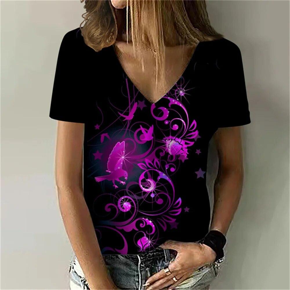 Versatile Sexy V-neck Women's T Shirt Flower 3D Print Summer Short Sleeve Fashion Street Harajuku Comfortable Ladies Tee Casual