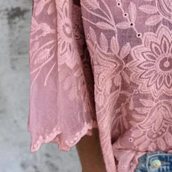 Женские топы с круглым вырезом и рукавами 3/4, свободная посадка, украшенная кружевом, повседневная рубашка, однотонные дышащие нестандартные топы