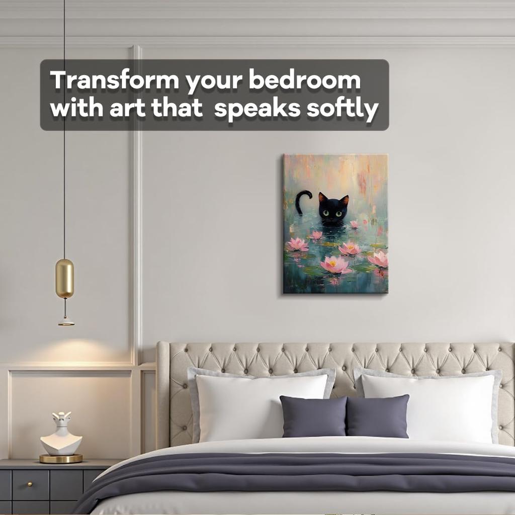 WOXZQ Black Cat Wall Art – 12x15 Inch Cute Cat with Lotus Flowers Print – Frameless Paper Laminate for Bedroom, Living Room, or Office –