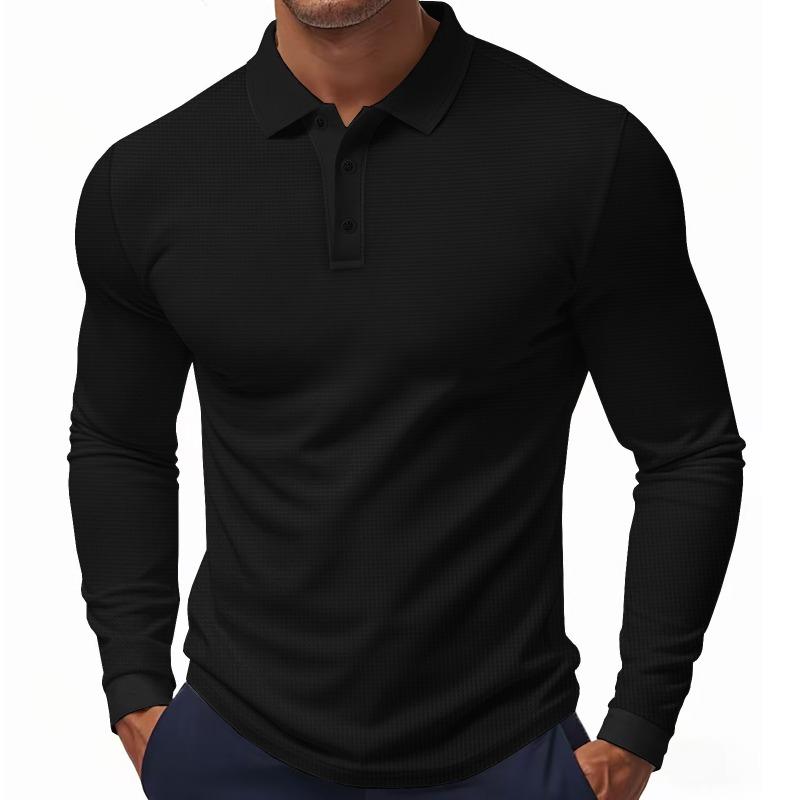 Men Waffle Knit Long Sleeve Polo Shirt Casual Button Up Solid Color Slim Fit Top