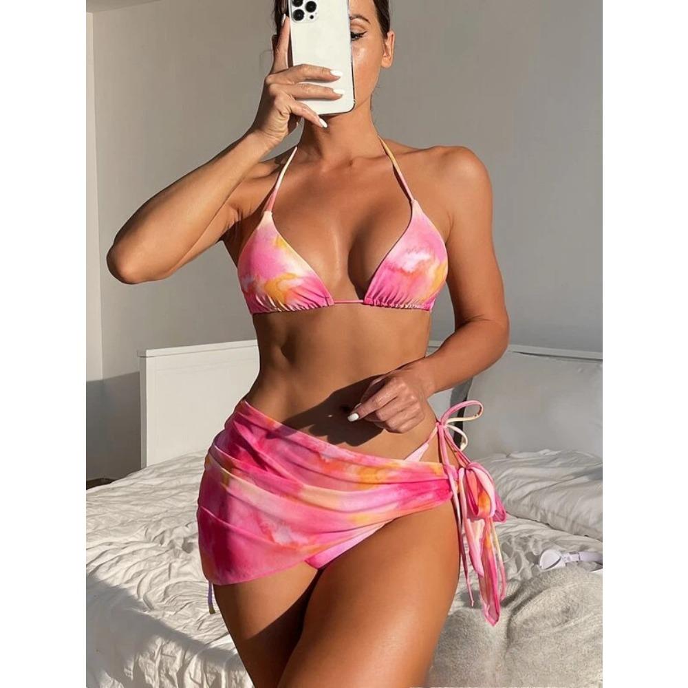 European and American Sexy Fashion Tie-dye Bikini Mesh Skirt Three-piece Women's Swimsuit