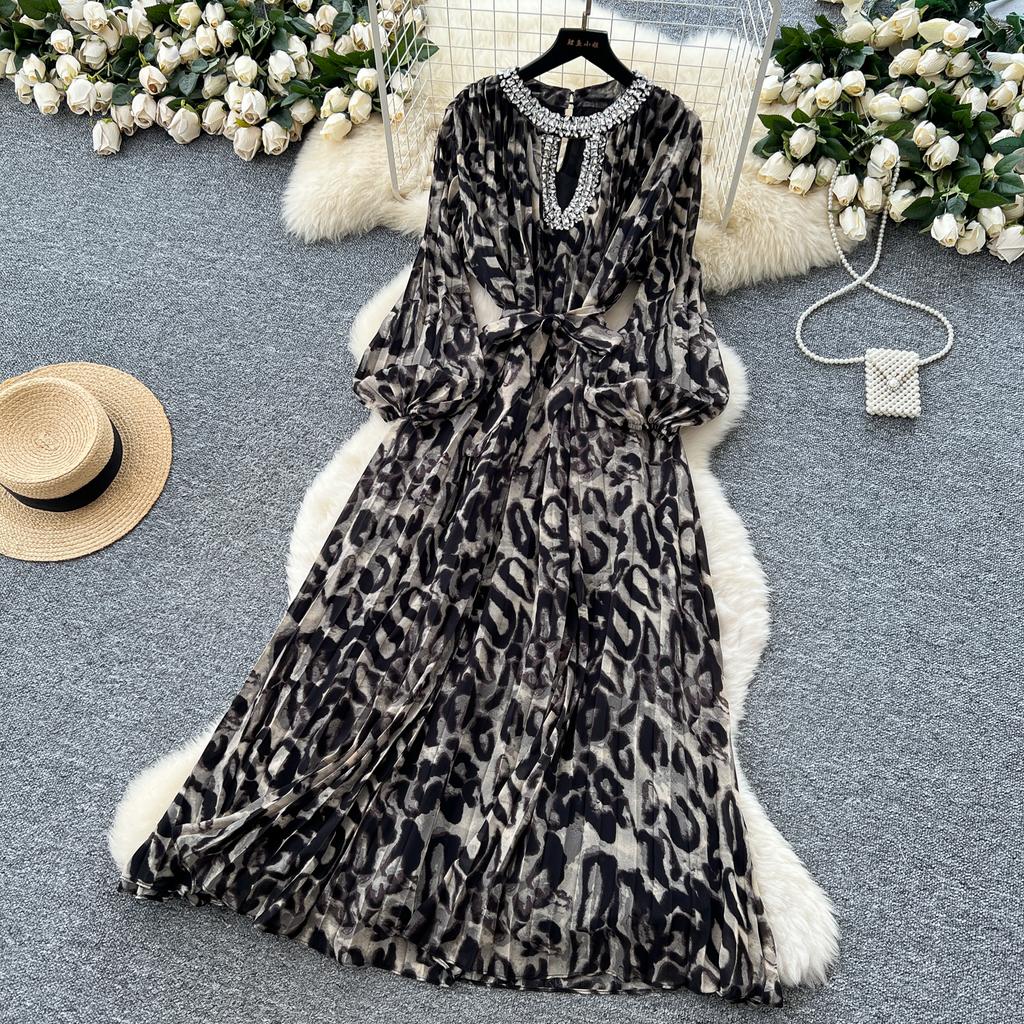 Шикарное винтажное сексуальное платье А-силуэта с длинным рукавом и леопардовым принтом, модная корейская мода, приталенное, летнее, элегантные платья-халаты