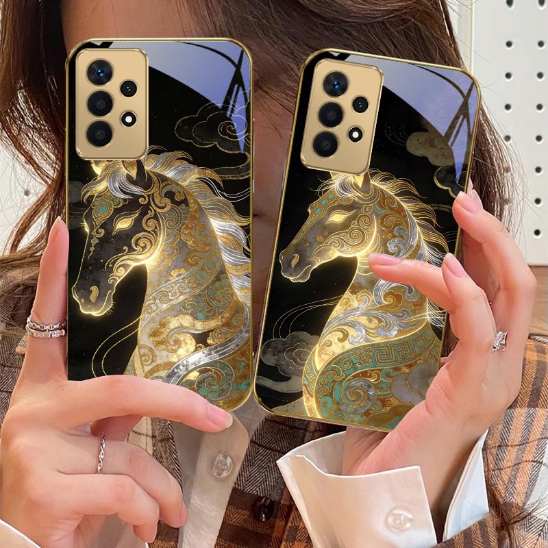 Ruishou Golden Steed Для Samsung A73 A72 A71 A42 A56 A55 A54 A53 A52s A52 A51 A36 A35 A34 A33 A32 A16 14 Золотой стеклянный чехол для телефона