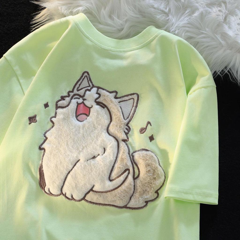 Футболка унисекс с милым японским котом в студенческом стиле - короткие рукава, универсальная летняя одежда