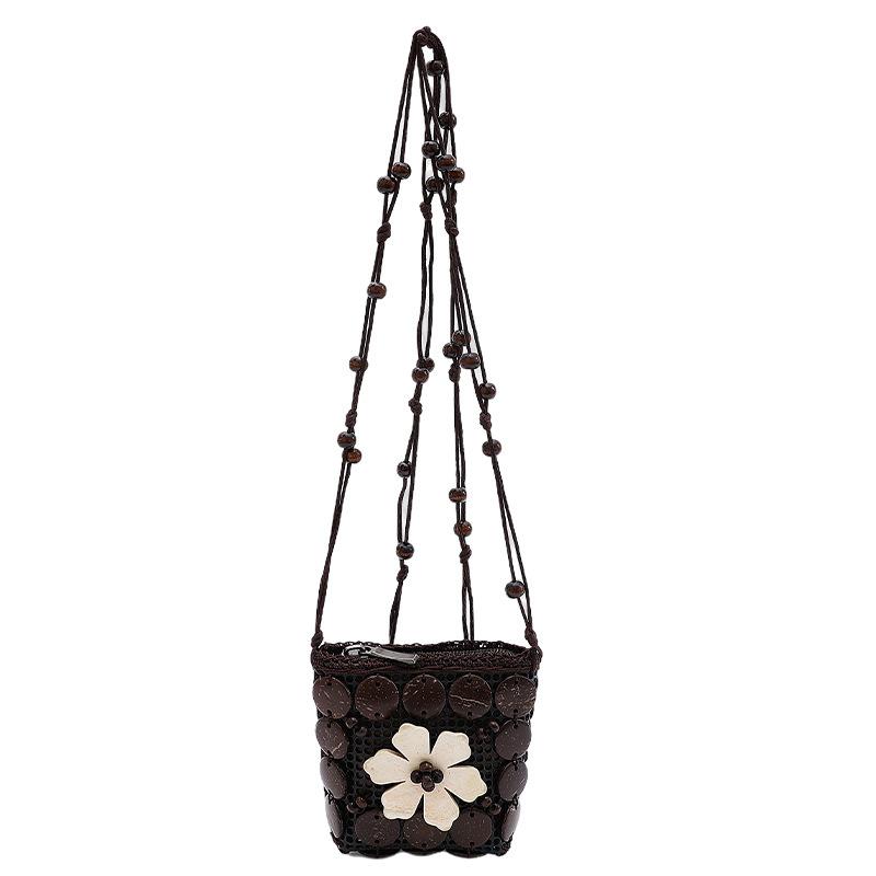 All-match Cloth Ethnic Style Crossbody Bag Coconut Shell Retro Handmade Weave Bag Geometric Handbag Bohemian Shoulder Bag Women