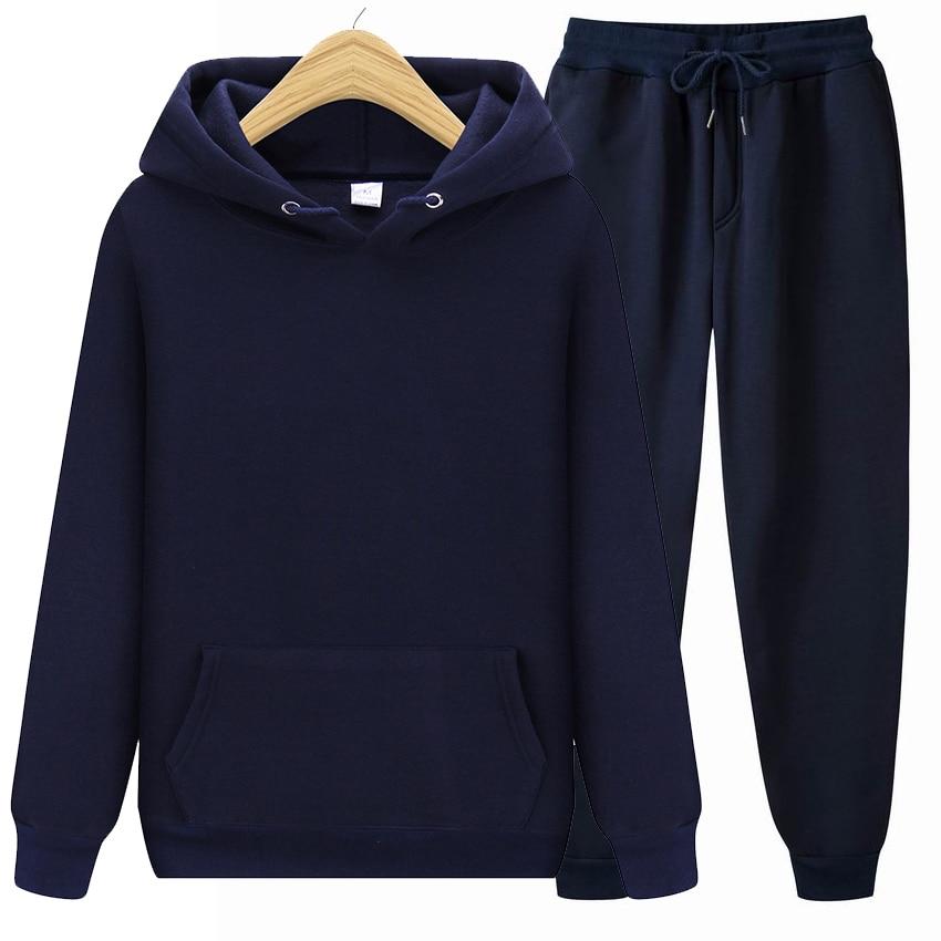 New Men Women Tracksuit Hoodies Casual Solid Color Thick Pullover and Long Pant 2-piece Set Men Autumn Fleece Jogger Sports Suit