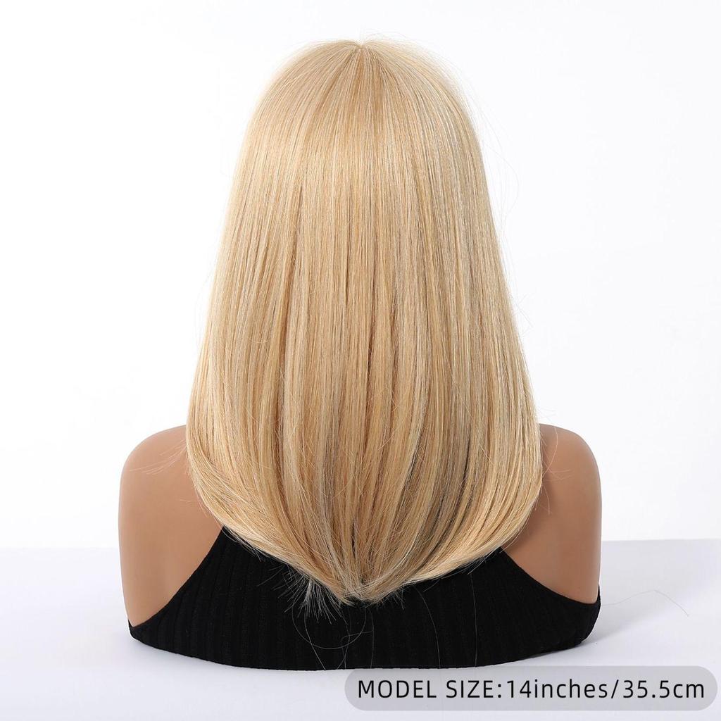 European and American Women's Golden Wig, Straight Bob Style, Medium Length Layered Synthetic Wig, Fashionable and Trendy Women's Wig