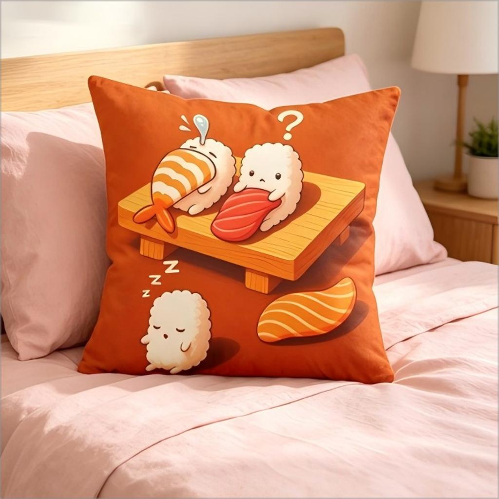 Cute Cartoon Sushi Print Throw Pillow Cover, Kawaii Japanese Food Decorative Cushion Case For Sofa Bedroom