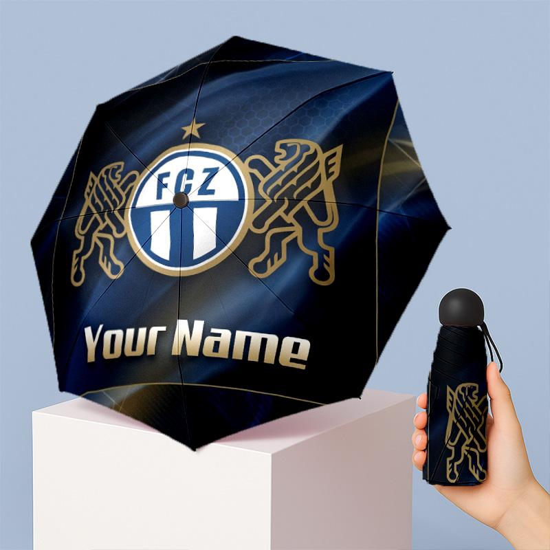 FC Zürich Manual Five Fold 8 Rib Umbrella Support Custom Text, Lightweight Travel Umbrella