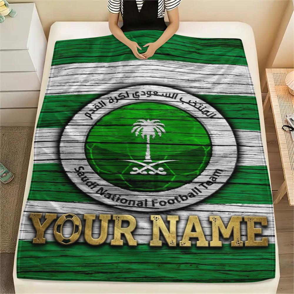 1PC Saudi Football Crest Custom Name Patterned Flannel Blanket Suitable For All Seasons For Home Decor Warmth And Comfort Gifts Holiday Present