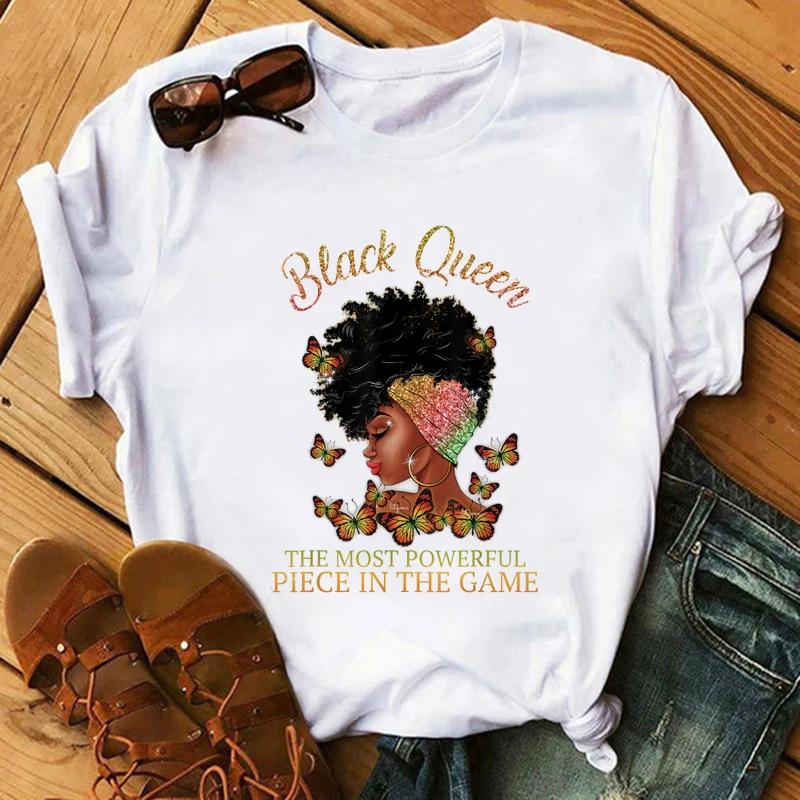 Футболка с модным принтом Kawaii Melanin T Shirt Women Funny Black African Curvy Hair Girl Graphic Tees Aesthetic T Shirt Female Unisex