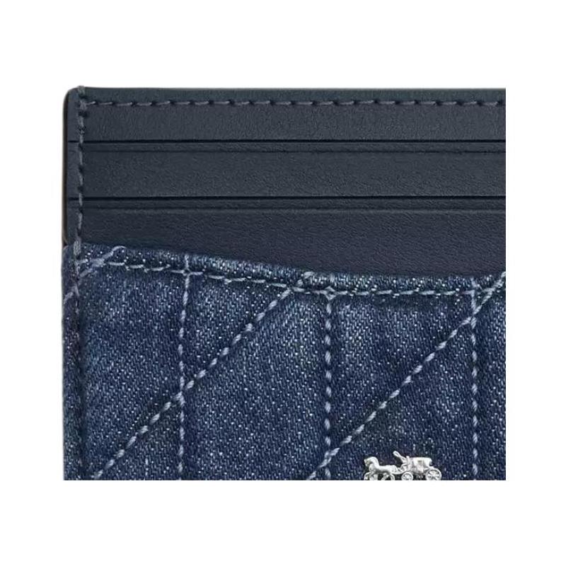 Coach Тонкий 10 Тонкий Стеганый Классический Логотип Гладкая Кожа Держатель для Карт Обычный Женский Джинсовый Синий Джинсовый синий