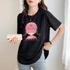 Summer Round Neck Short-sleeved Medium and Long Curved Hem Loose Women's Black Cotton T-shirt Open-ended Butt Cover Top